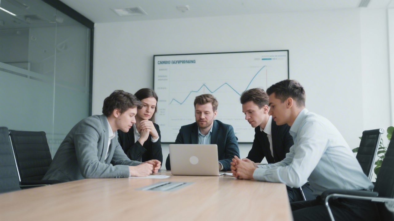 Small team in a modern meeting room reviewing campaign performance on a laptop, neutral colors, professional business attire, focused atmosphere