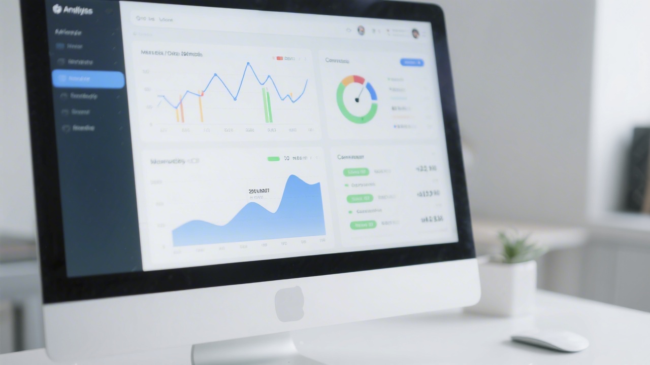 Close-up of analytics tools on a computer screen with graphs and conversion data, clean desk setup and minimal distractions