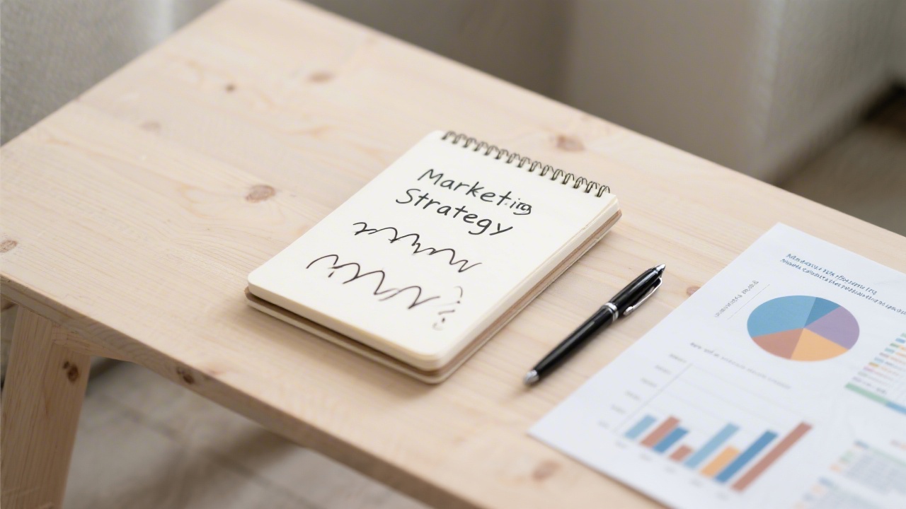 Notebook with handwritten marketing strategy, pen, and printed charts on a light wooden table, conveying planning and value-driven work