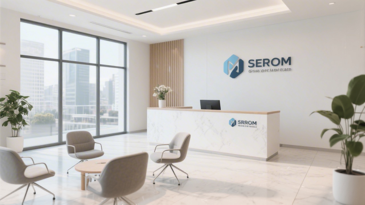 Bright office lobby with reception desk, modern chairs, and subtle corporate branding, calm professional atmosphere in a business building