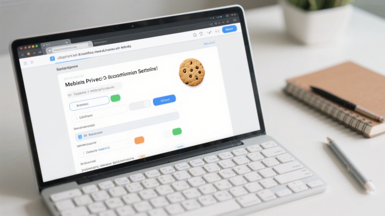 Browser window displaying cookie settings with toggles, alongside a keyboard and notebook, representing website privacy choices
