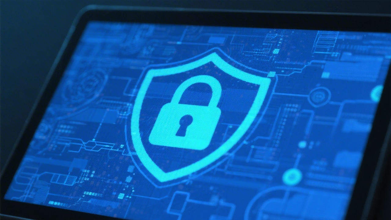 Abstract security concept with lock icon on a digital screen, blue tones, conveying data protection and privacy focus