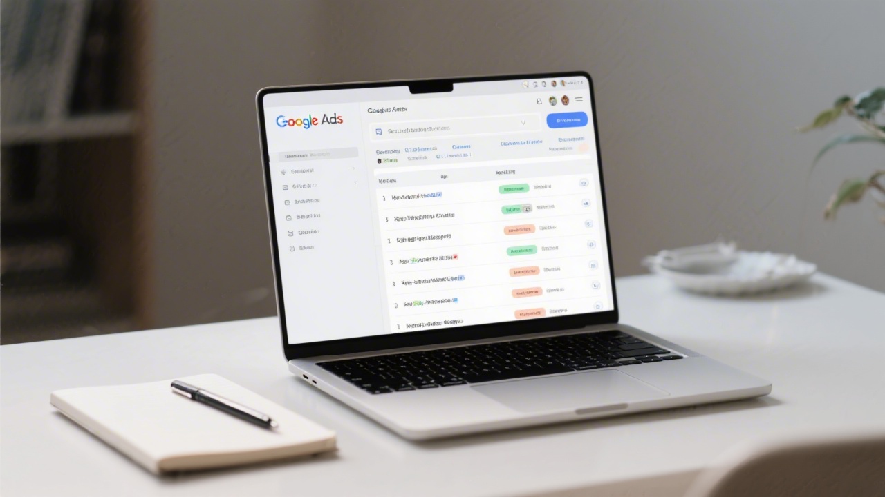 Laptop screen showing Google Ads interface with search campaigns and keyword lists, clean workspace with notebook and pen