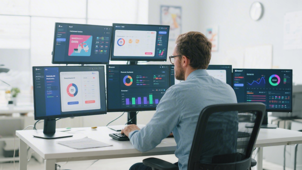 Marketing specialist working on campaign setup with multiple screens, showing ad platforms and analytics tools in a bright office