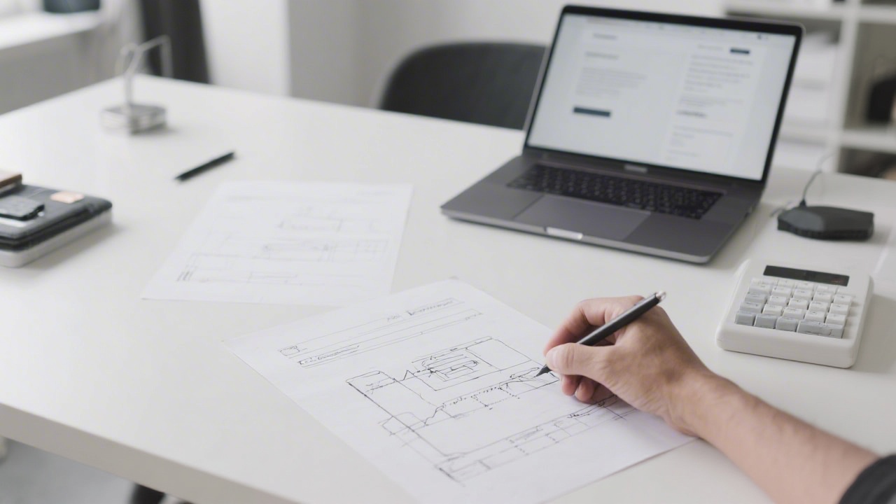 Designer sketching a landing page wireframe on paper with laptop nearby, modern studio setting with minimalistic tools