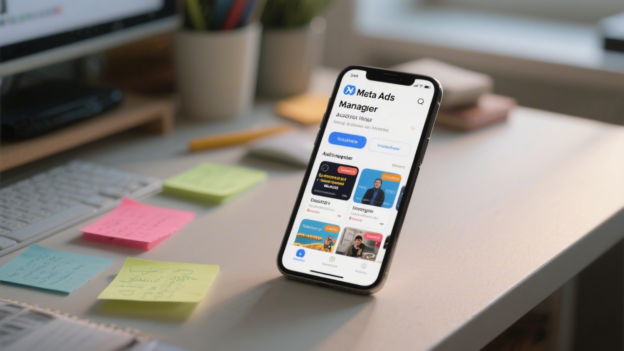 Mobile phone displaying Meta Ads manager with audience insights and campaign previews, desk with marketing notes and soft lighting