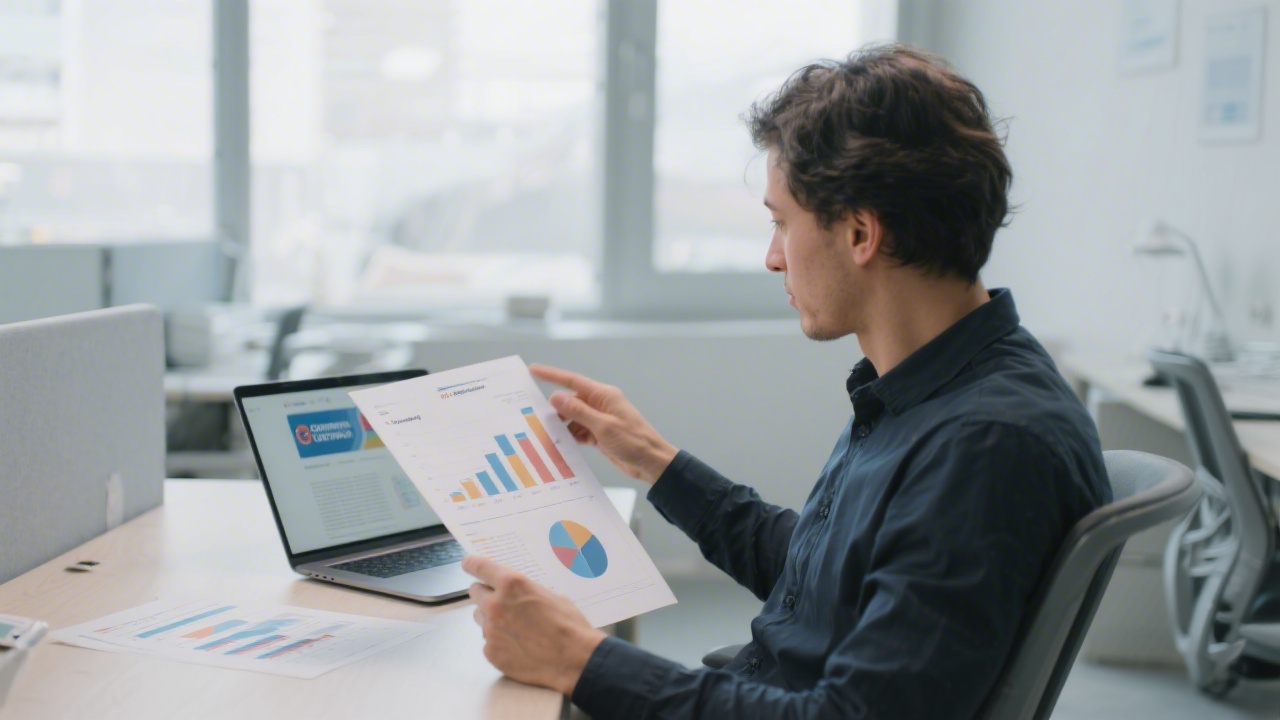 Person analyzing campaign performance reports with printed charts and laptop, highlighting key metrics in a calm office setting