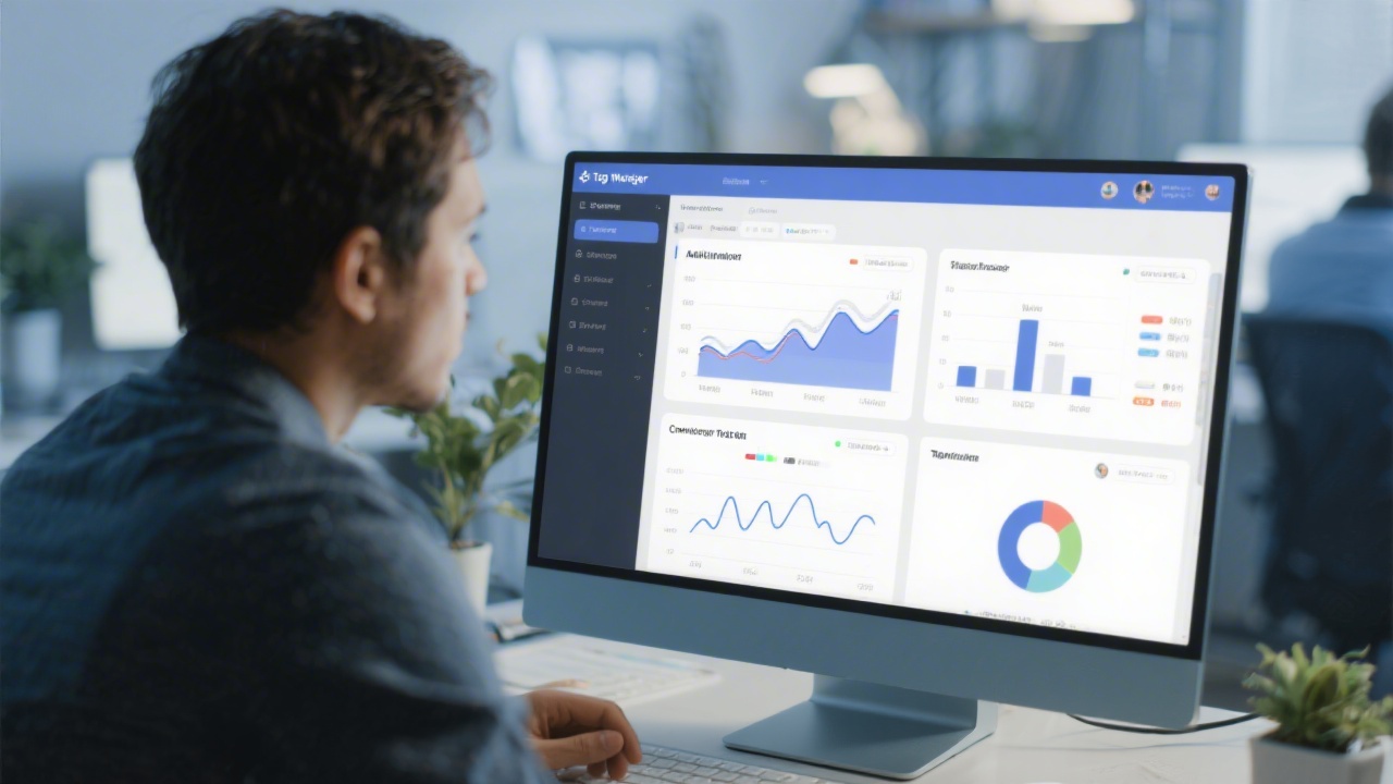 Analytics specialist configuring conversion tracking on a computer, with charts and tag manager interface visible on screen
