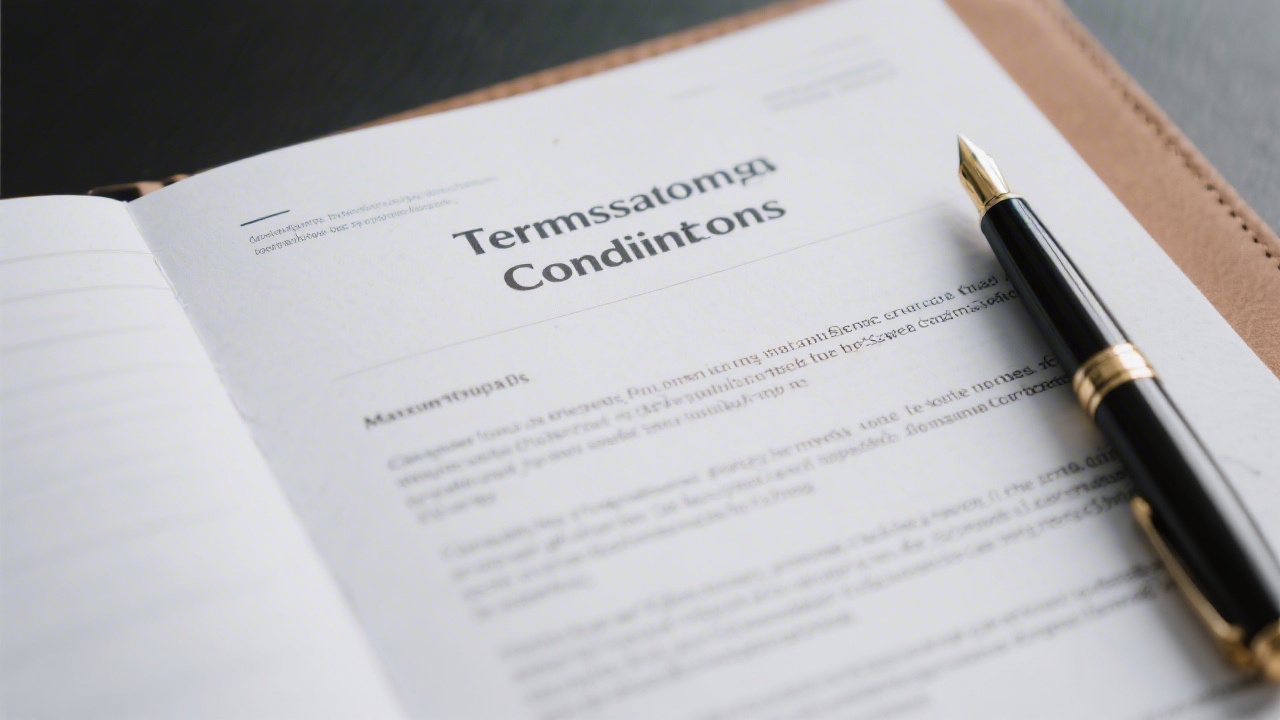 Open notebook with printed terms and conditions text, pen resting on top, professional legal documentation style